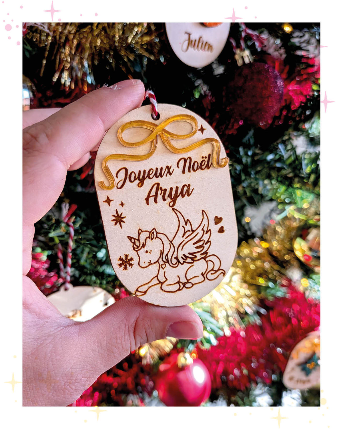 Boules de Noël - ruban miroir doré, et gravure capybara, licorne, renard - mon premier noël