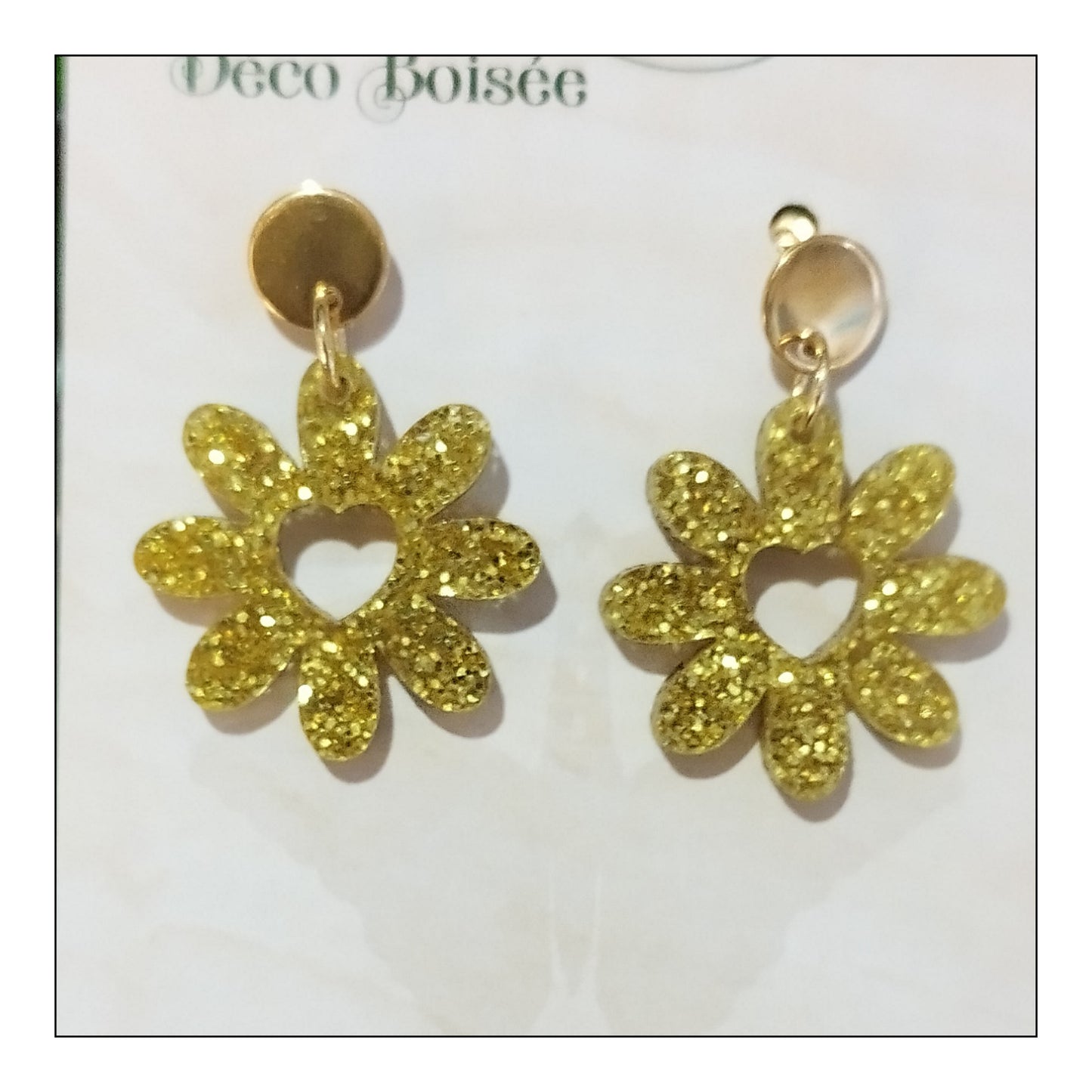 BO fleur coeur paillettes dorées monture dorée