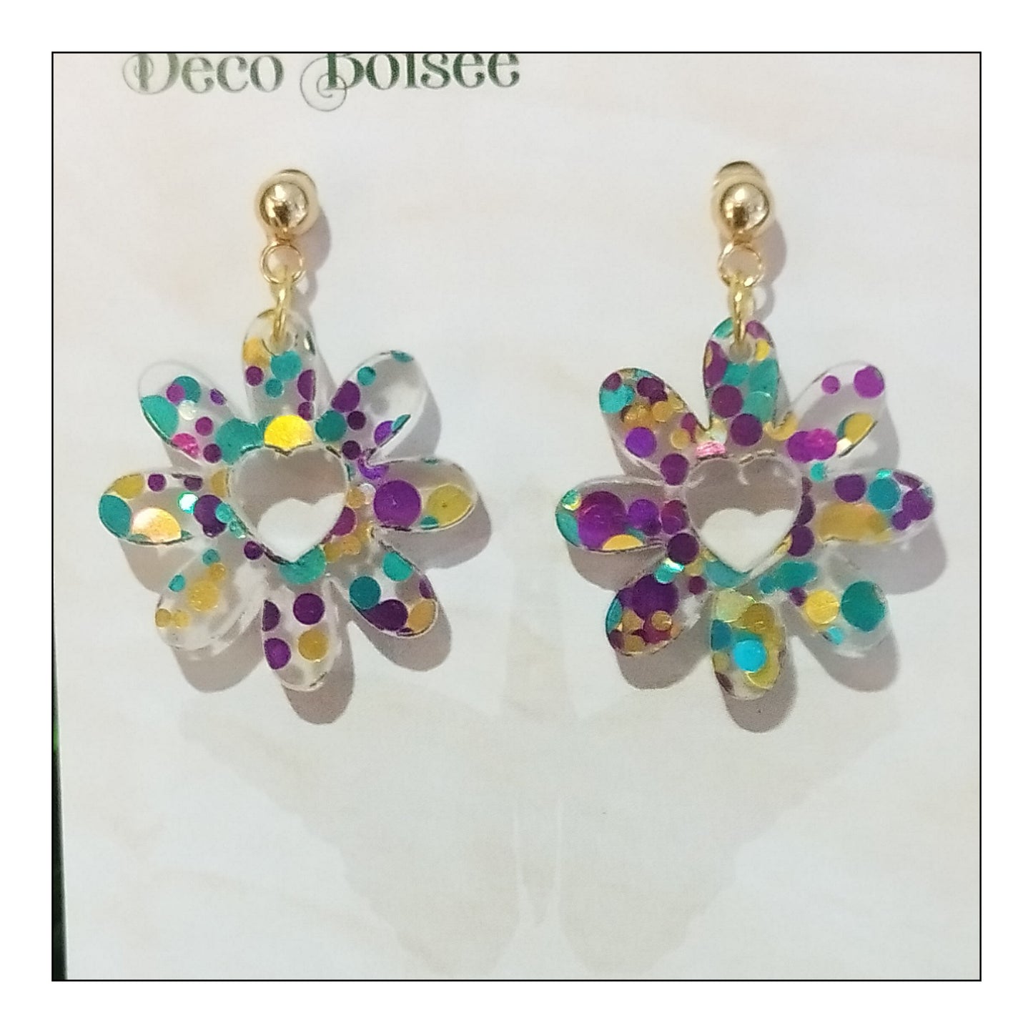 BO fleur coeur paillettes dots violettes monture dorée