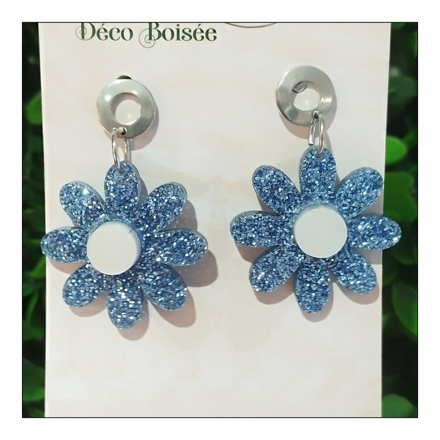 BO grande fleur paillettes bleues foncées monture argentée