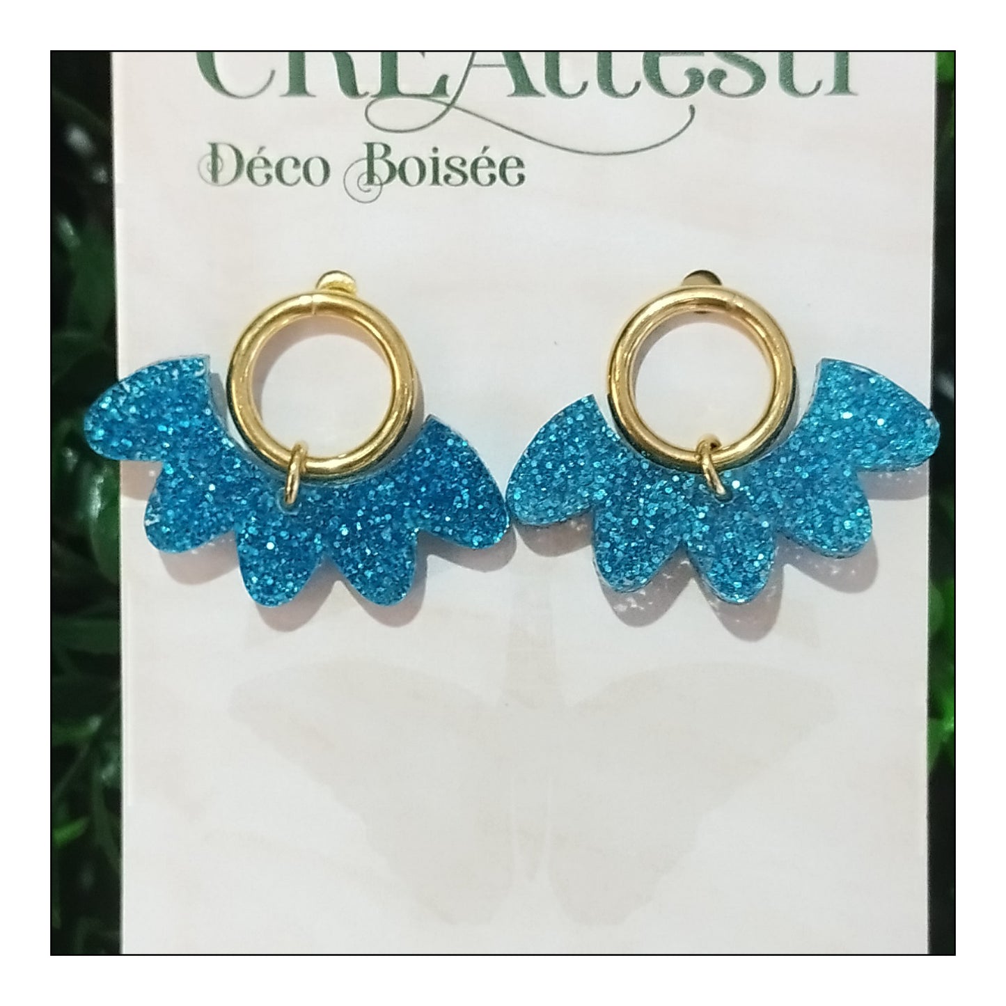 BO demi fleur paillettes bleue monture dorée