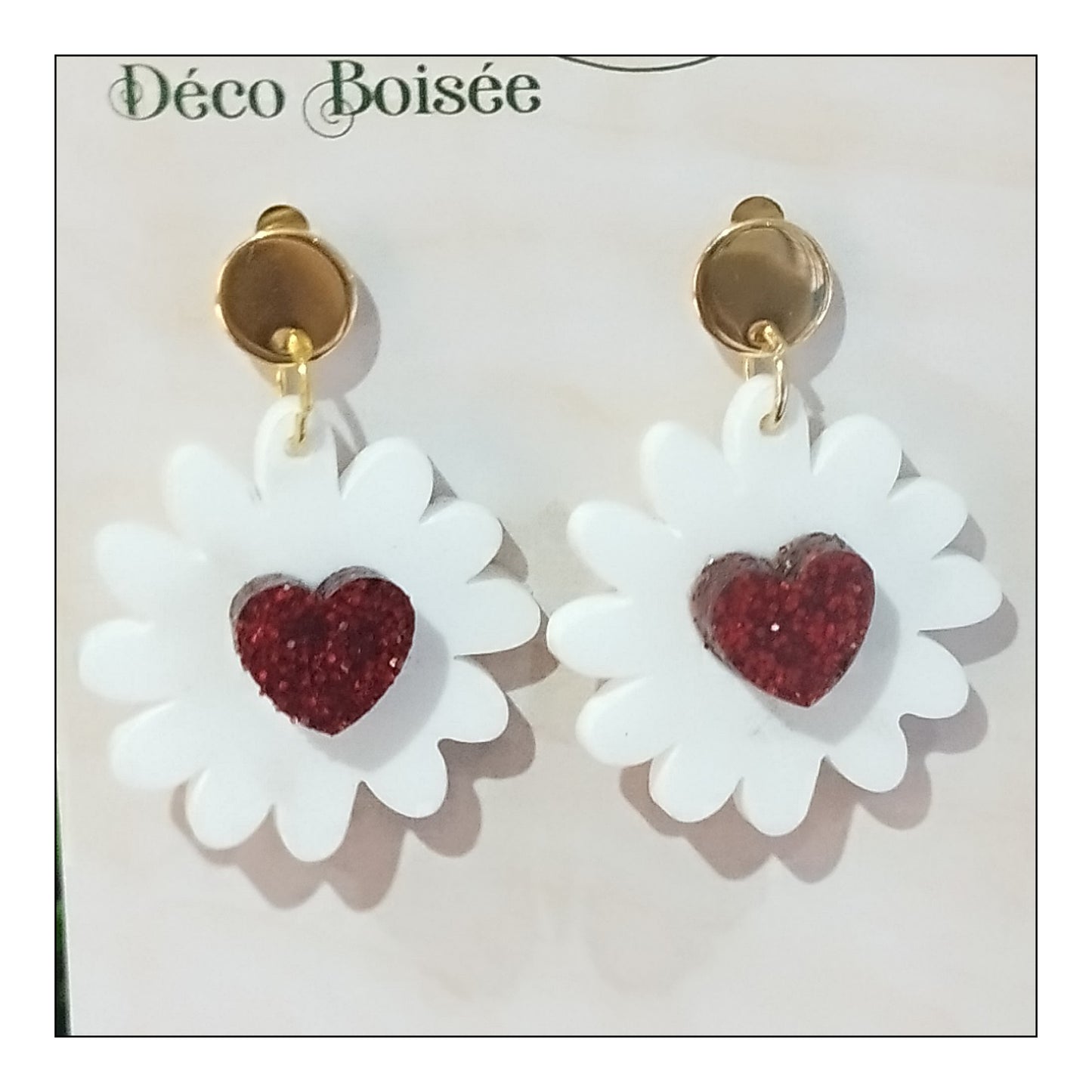 BO fleurs coeur paillettes rouges monture dorée