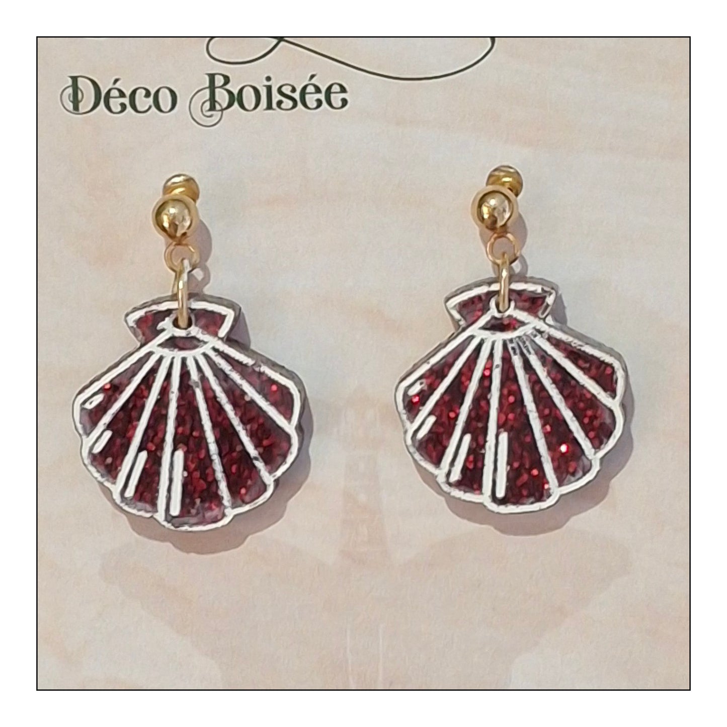 BO Coquillage paillettes rouges monture dorée