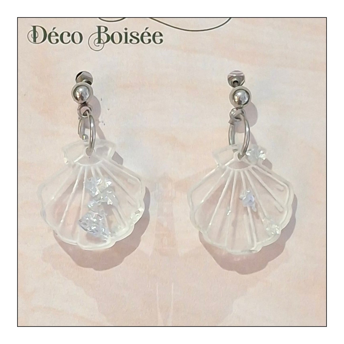 BO Coquillage transparent & feuilles d'argent monture argentée