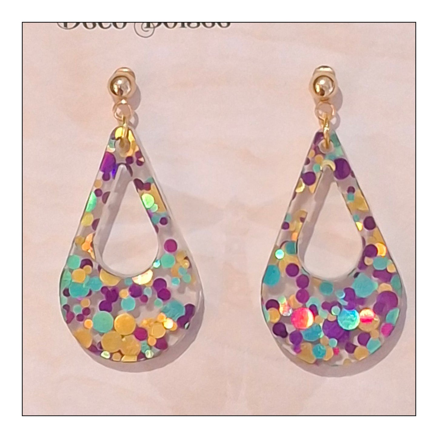 BO Gouttes paillettes violet/rose/jaune/bleu monture dorée