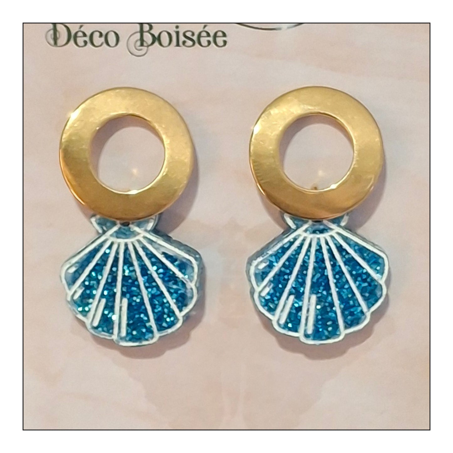 BO Coquillage paillettes bleues monture dorée