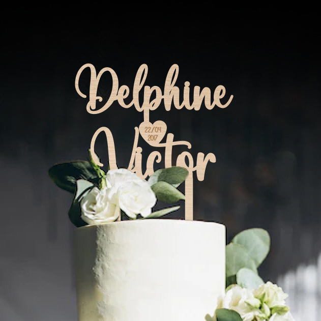 Cake topper prénom & coeur gravé