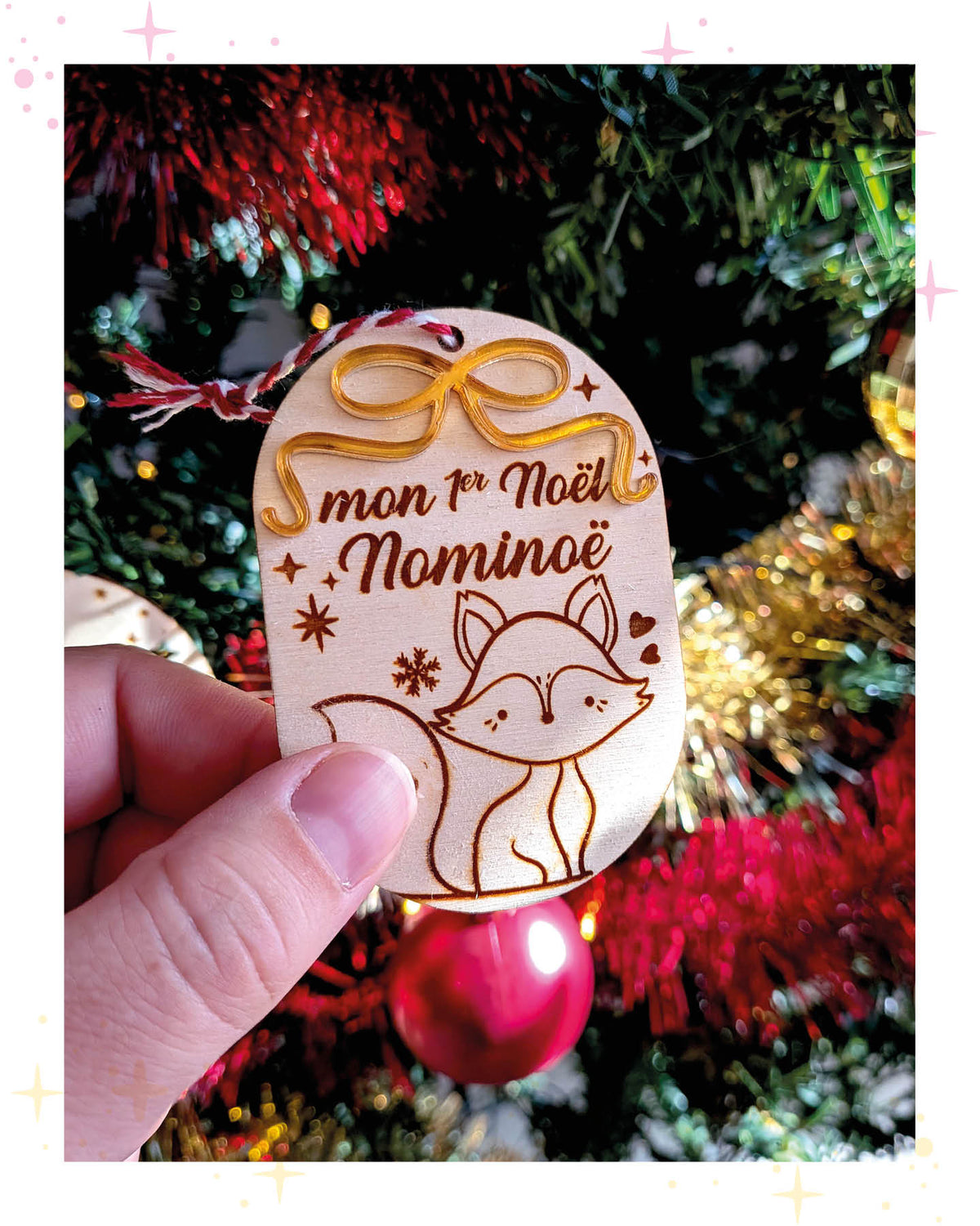 Boules de Noël - ruban miroir doré, et gravure capybara, licorne, renard - mon premier noël