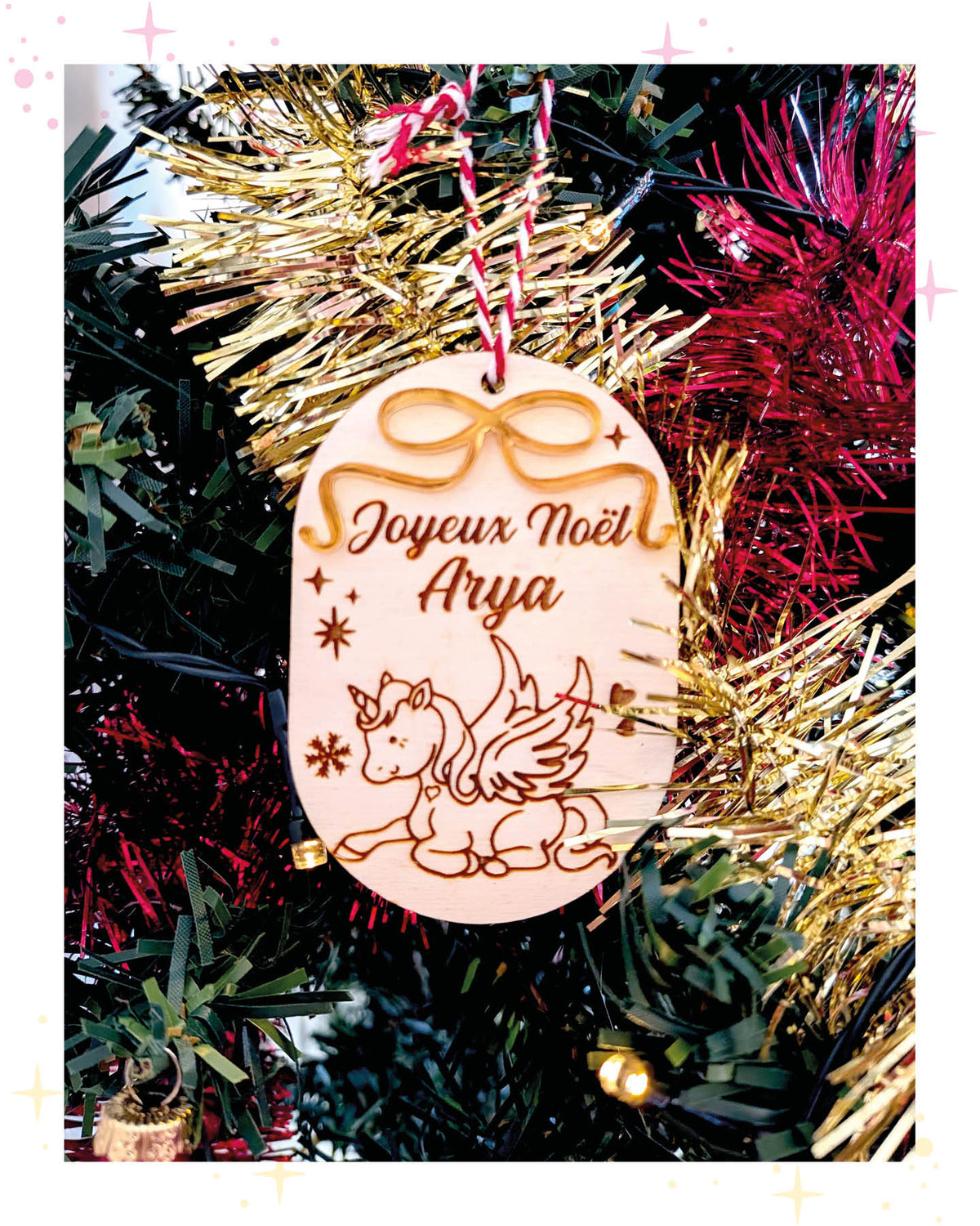 Boules de Noël - ruban miroir doré, et gravure capybara, licorne, renard - mon premier noël