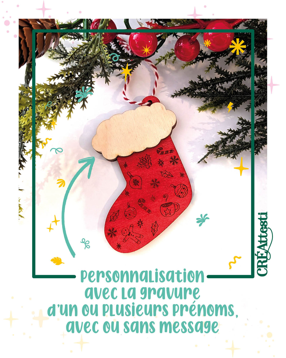 Boule de noël - Chaussette de Noël peinte à la main en bois brut personnalisation avec un message et/ou prénom