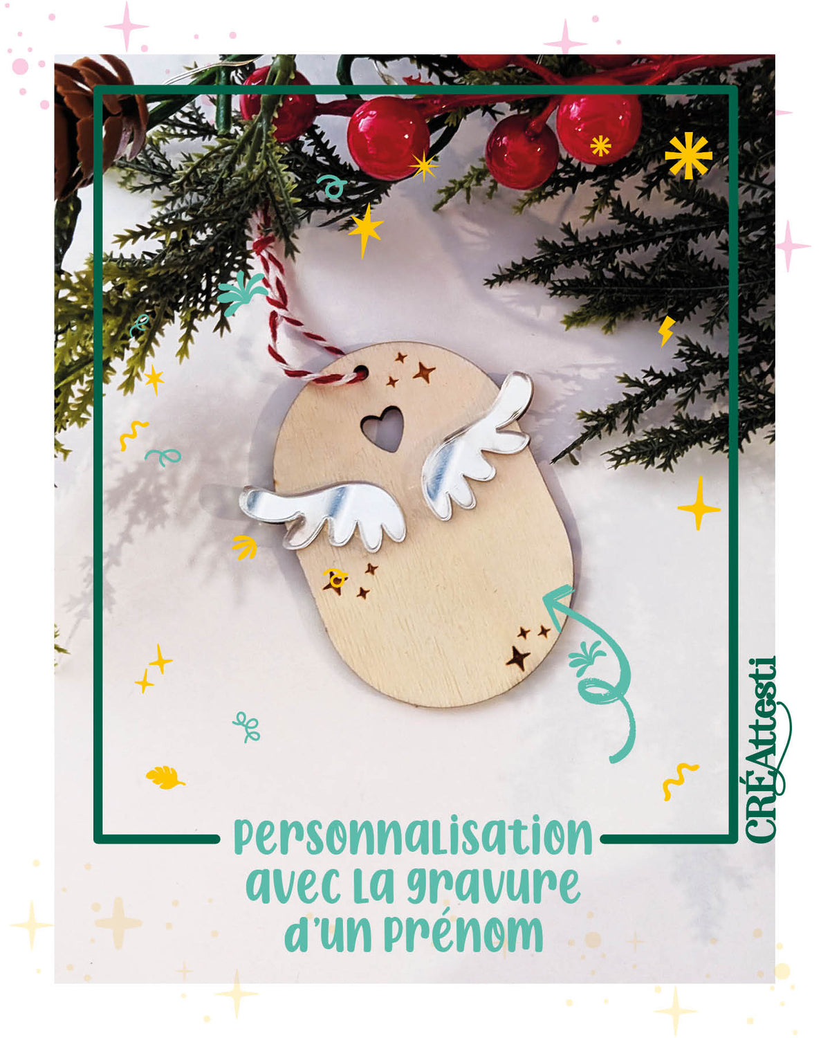 Boule de Noël en bois et plexi nacré - petit ange et bébé ange - gravure personnalisée