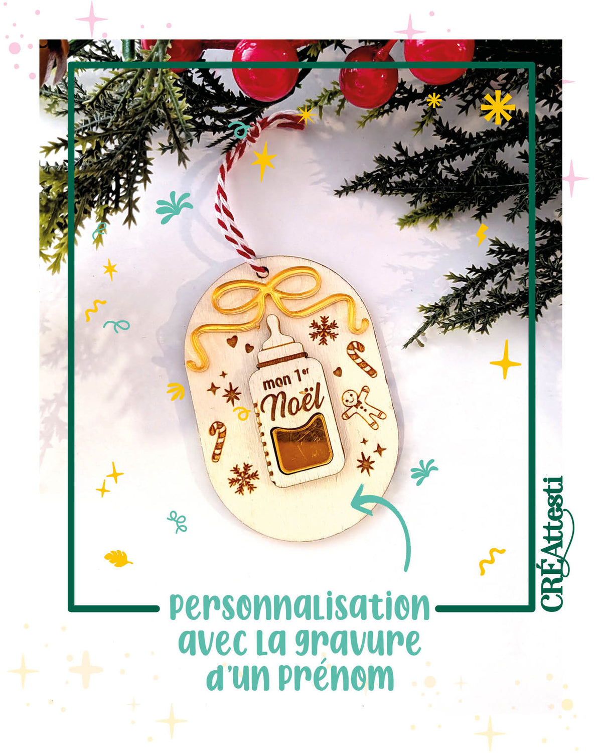 Boule de noël mon premier noël avec son biberon doré - personnalisation