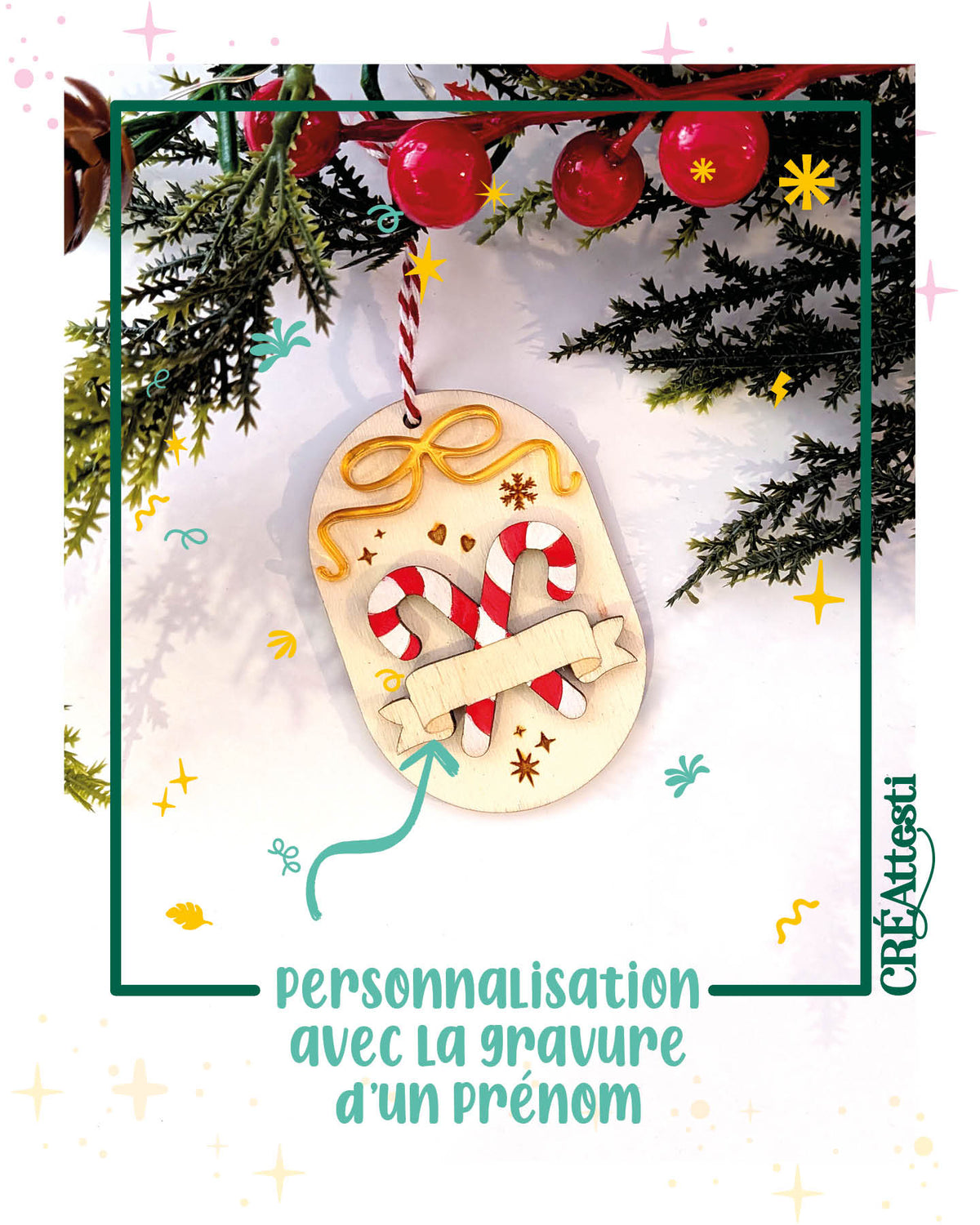 Boule de noël Sucre d'orge, et prénom personnalisé