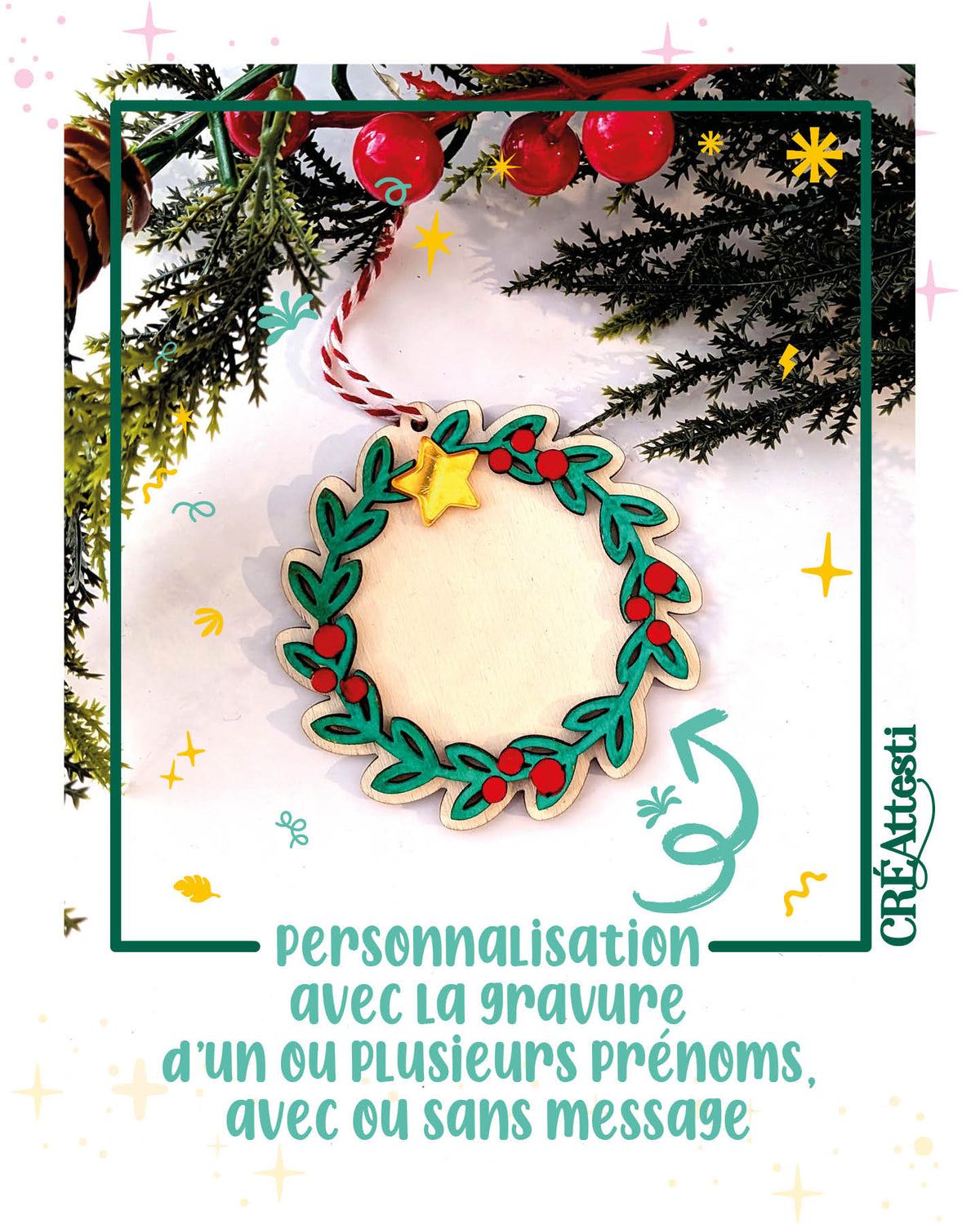 Boules de Noël Couronne de Noël, peinte à la main, touche de miroir doré, et personnalisation