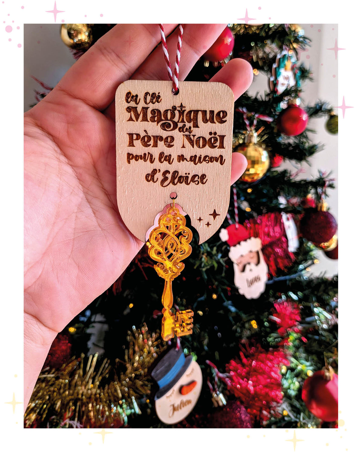 Boule de Noël « Clé magique du Père Noël » avec clé en miroir doré - personnalisation prénom