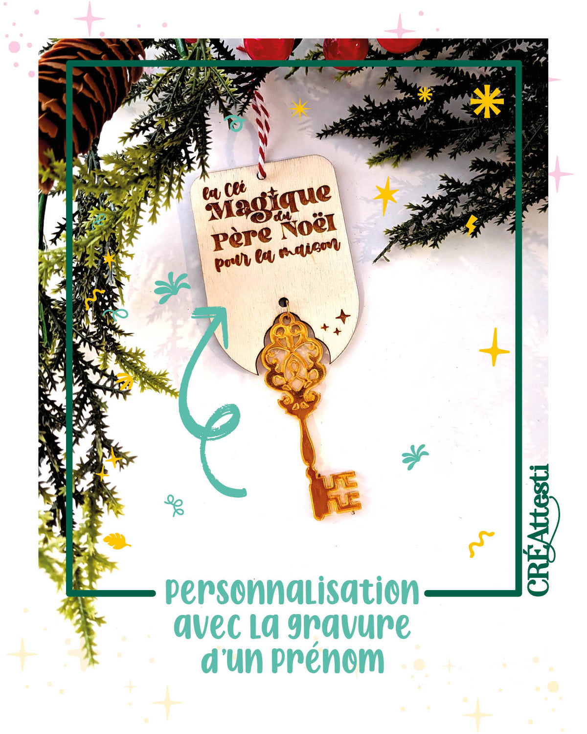 Boule de Noël « Clé magique du Père Noël » avec clé en miroir doré - personnalisation prénom