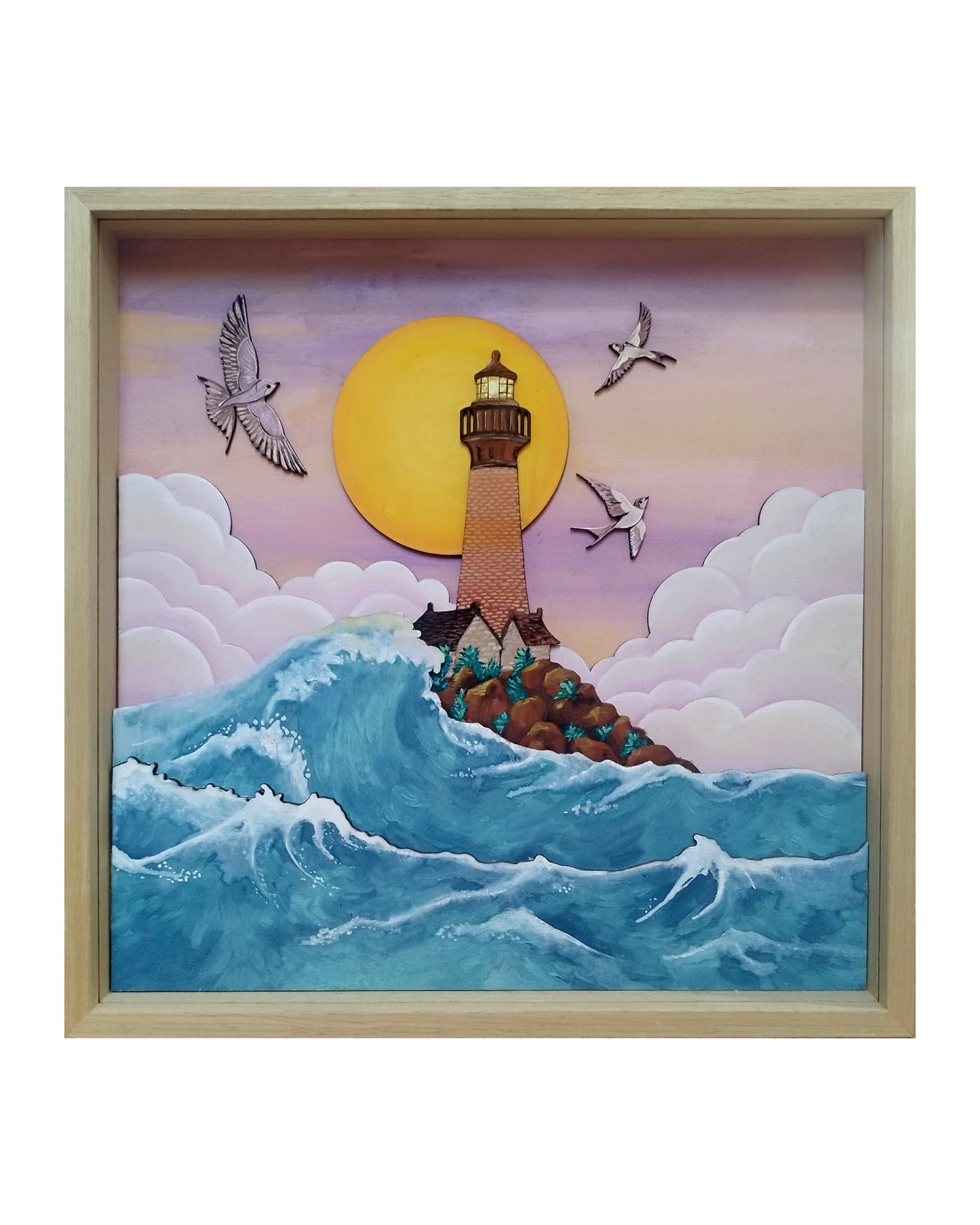 Tableau en bois – Phare et hirondelles roses – Lever de soleil