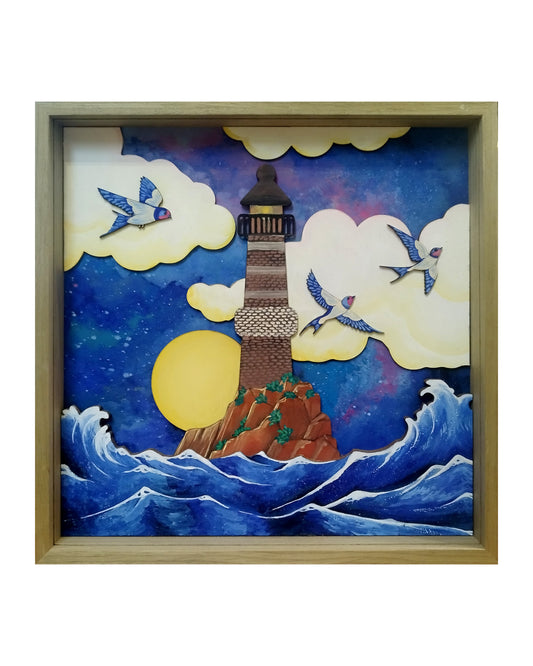 Tableau en bois – Mer en tempête et hirondelles – Coucher de soleil