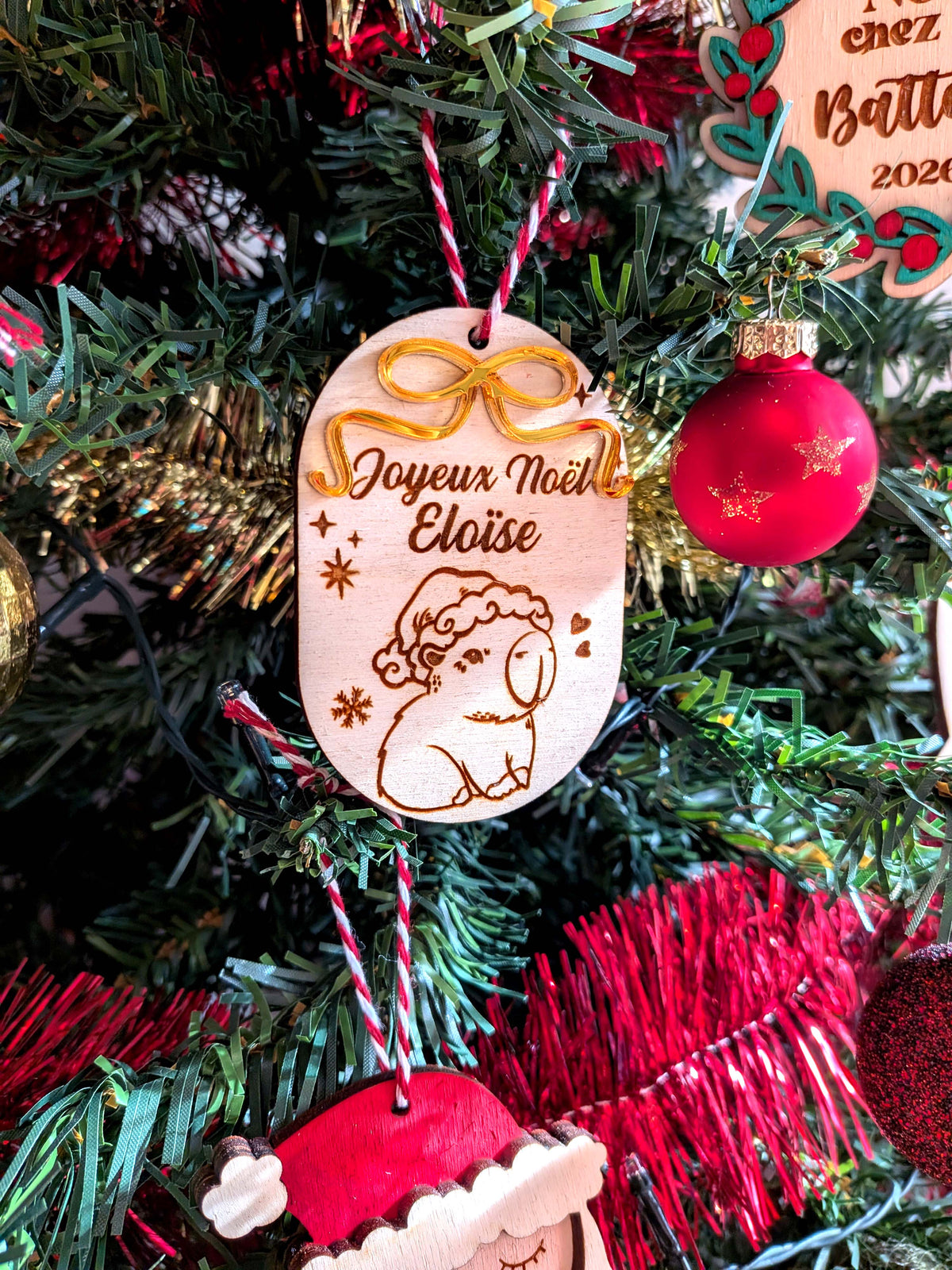 Boules de Noël - ruban miroir doré, et gravure capybara, licorne, renard - mon premier noël