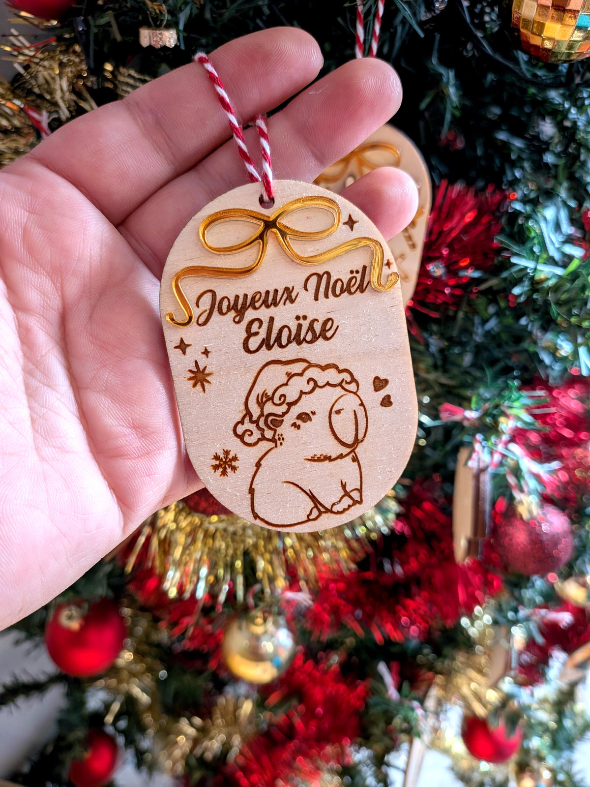 Boules de Noël - ruban miroir doré, et gravure capybara, licorne, renard - mon premier noël