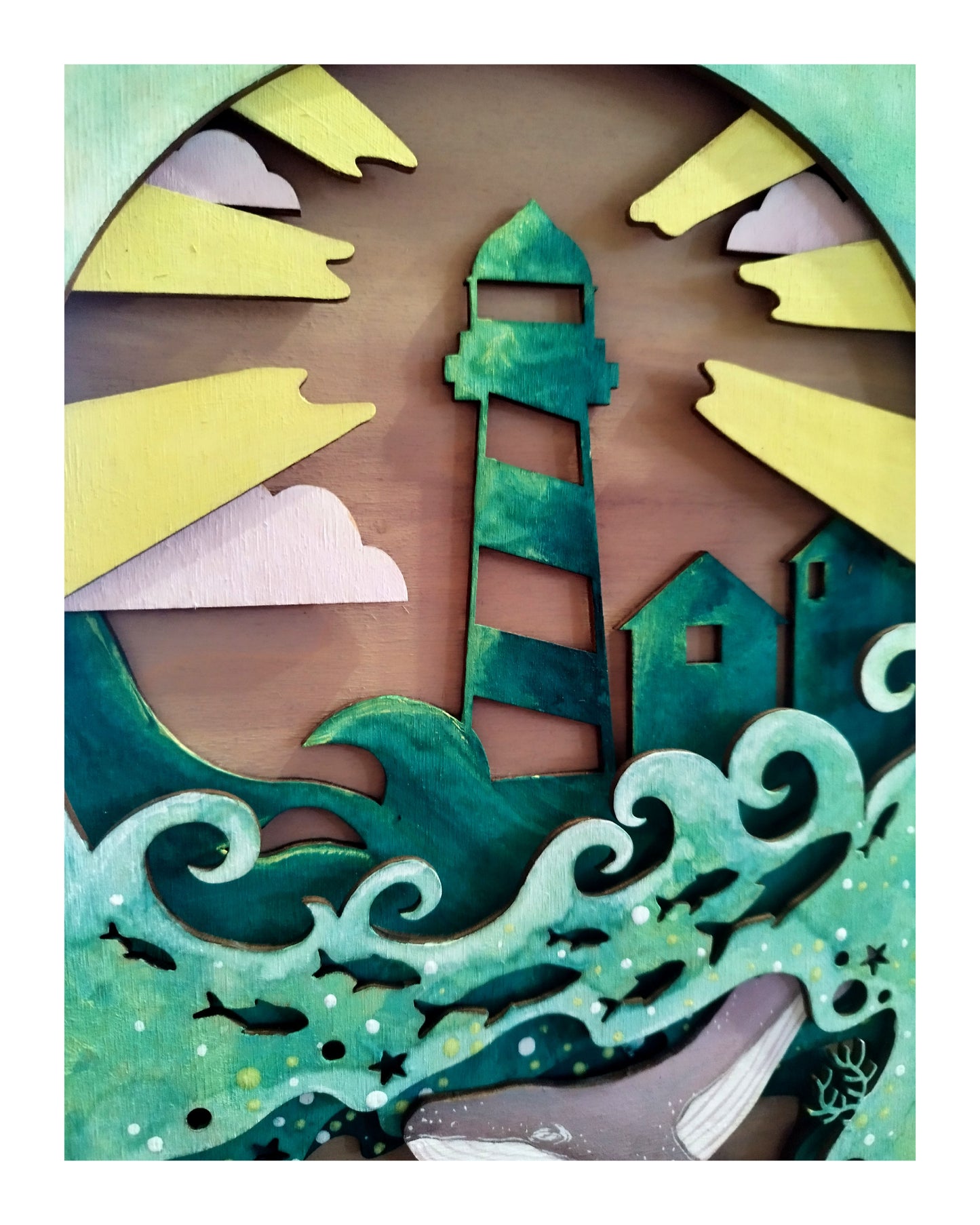 Cadre en bois A4 – Phare et baleine – Série limitée, pièce unique 2