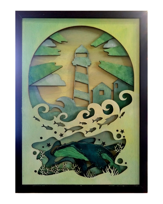 Cadre en bois A4 – Phare et baleine – Série limitée, pièce unique
