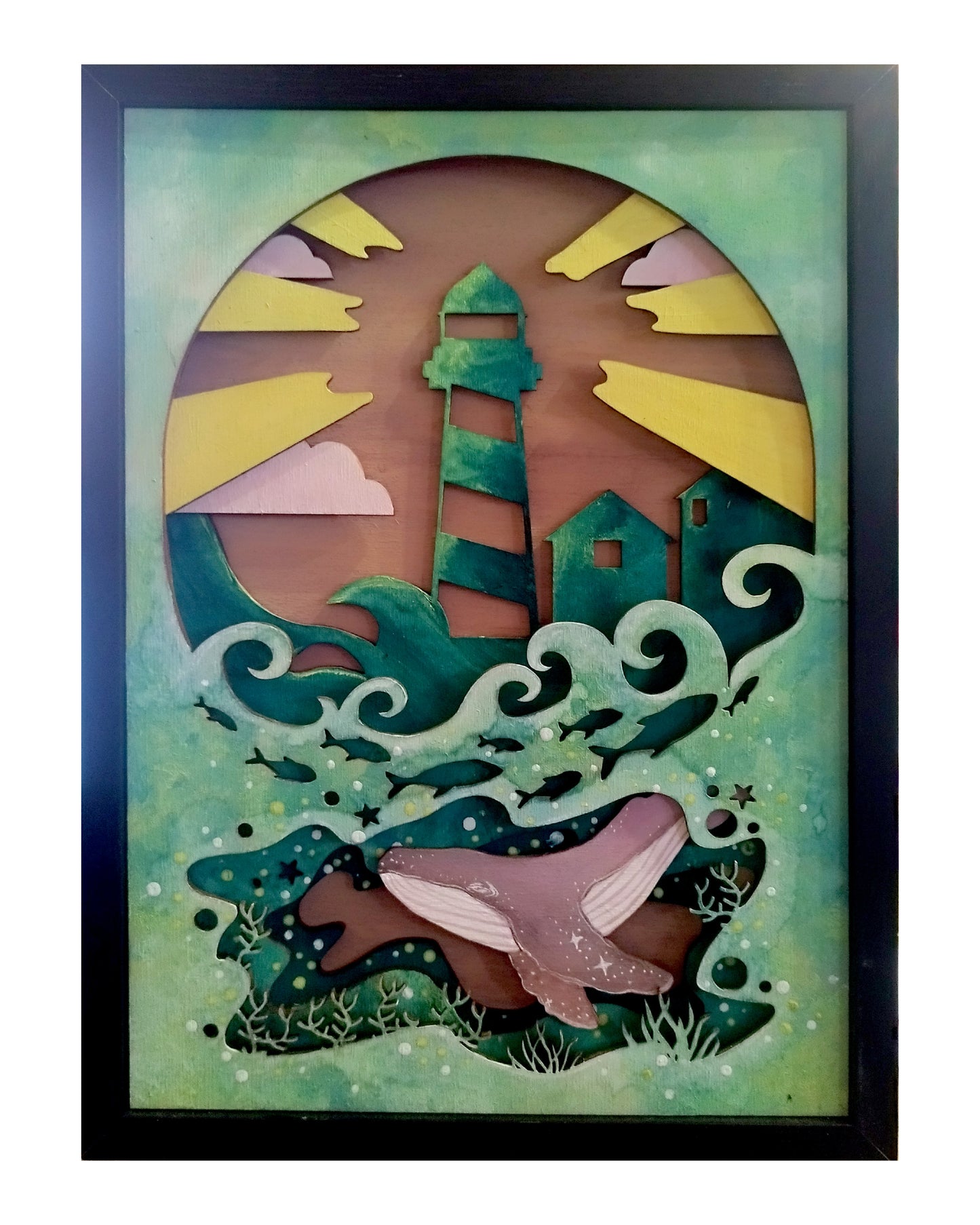 Cadre en bois A4 – Phare et baleine – Série limitée, pièce unique 2