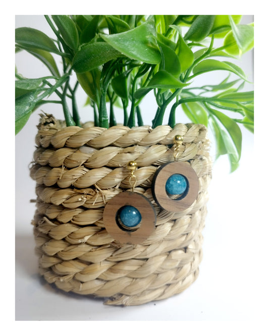 Boucle d'oreille - ronde en noyer & perles bleues