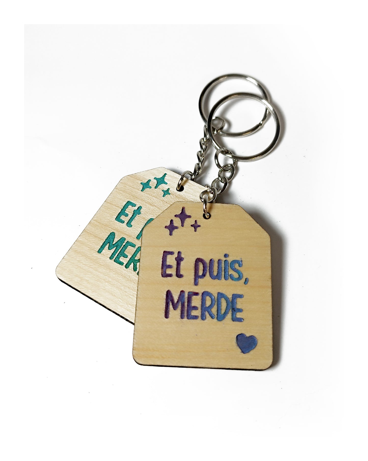 Porte-clés en bois gravé - collection Et puis Merde