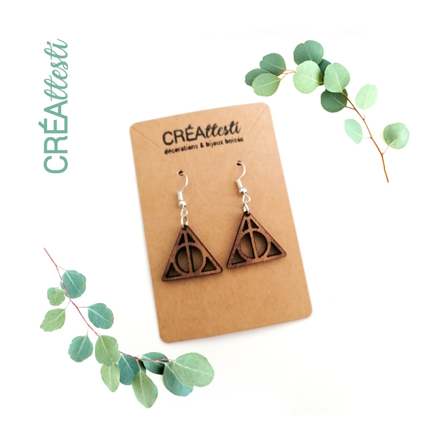 Boucles d'oreilles - HP les reliques de la mort, simple ou goutte, en bois noyer / bouleau, fan Potter