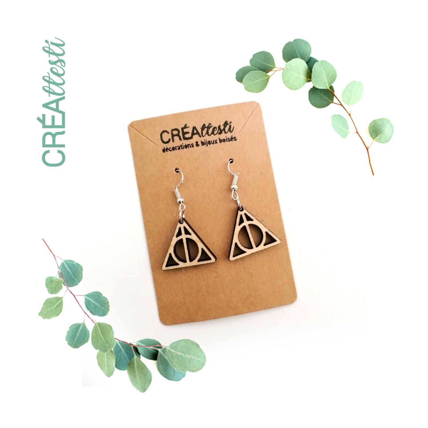 Boucles d'oreilles - HP les reliques de la mort, simple ou goutte, en bois noyer / bouleau, fan Potter