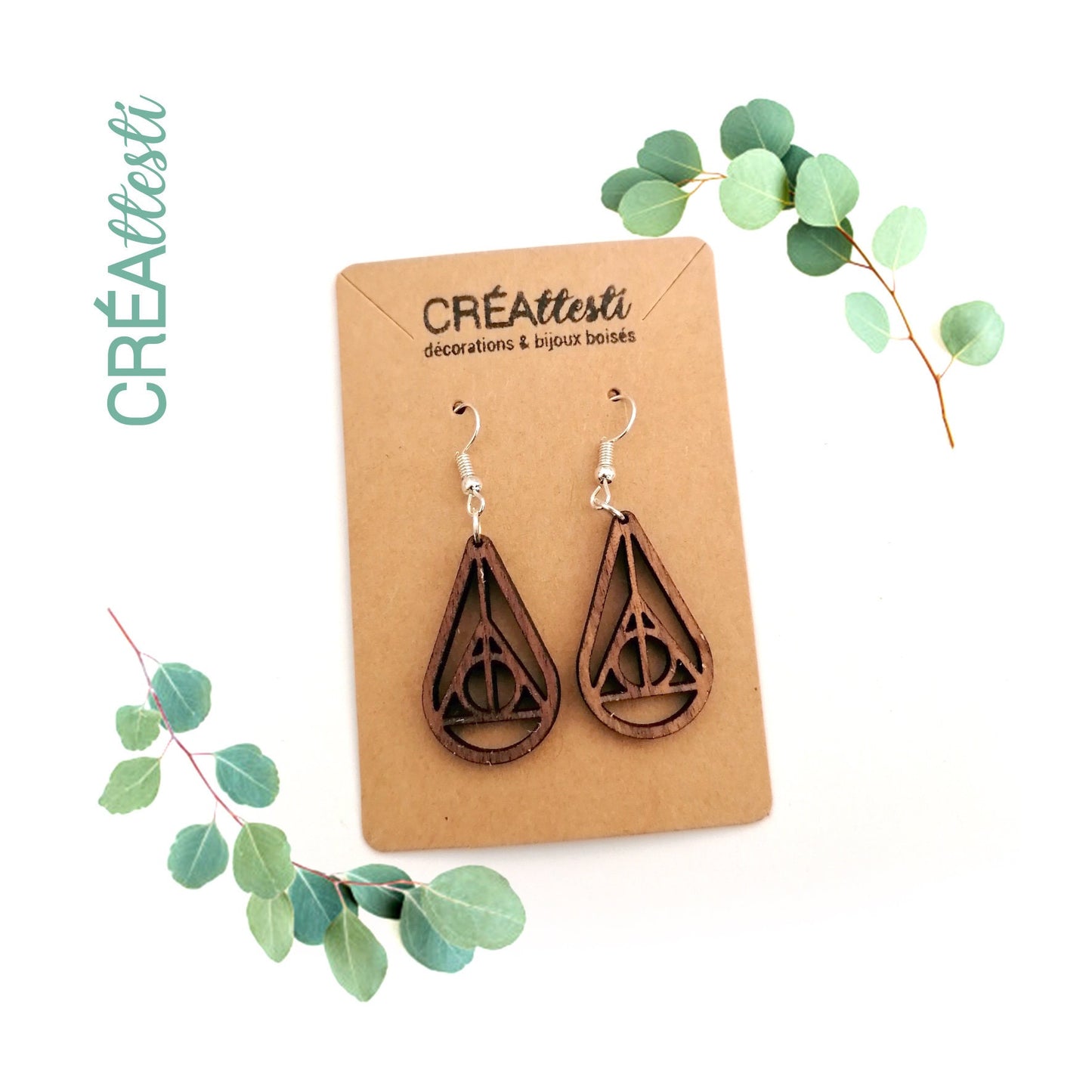 Boucles d'oreilles - HP les reliques de la mort, simple ou goutte, en bois noyer / bouleau, fan Potter