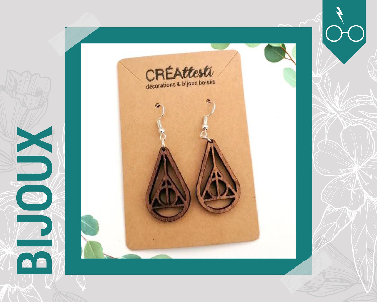 Boucles d'oreilles - HP les reliques de la mort, simple ou goutte, en bois noyer / bouleau, fan Potter